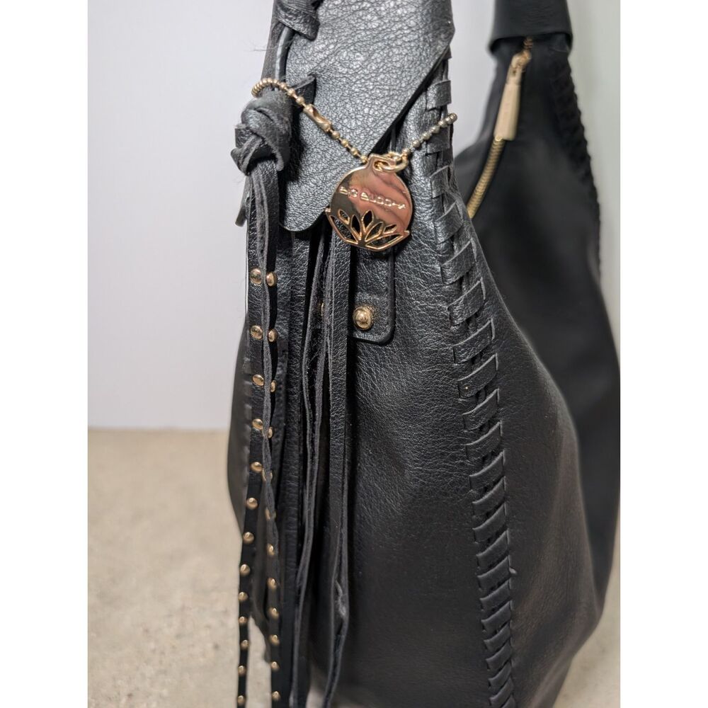 Big Buddha Black Vegan Leather Hobo Bag Whipstitch Tassels Braided Strap Boho - Picture 8 of 16